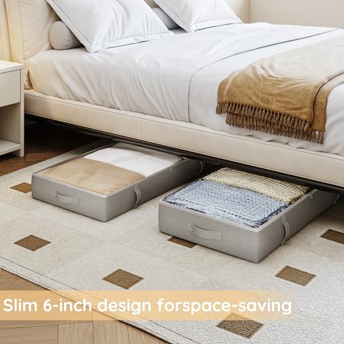 Vailando Under Bed Storage Containers, Underbed Storage Bins with 6 Inches Tall, Clothes Storage Box with Sturdy Handles and Sidewalls, Beige, 2-Pack