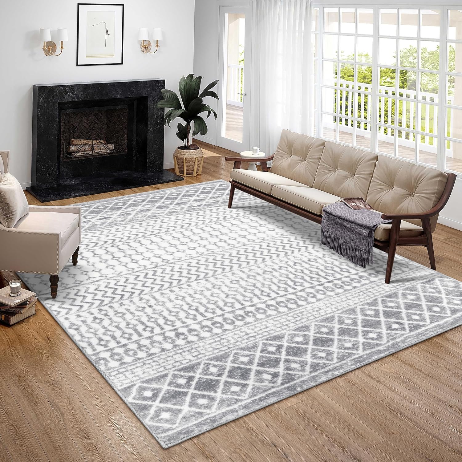 Moroccan Area Rug 8x10, Soft Non-Slip Living Room Large Rug, Low-Pile Washable Distressed Farmhouse Rug Indoor Floor Carpet for Bedroom Under Dining Table Home Office