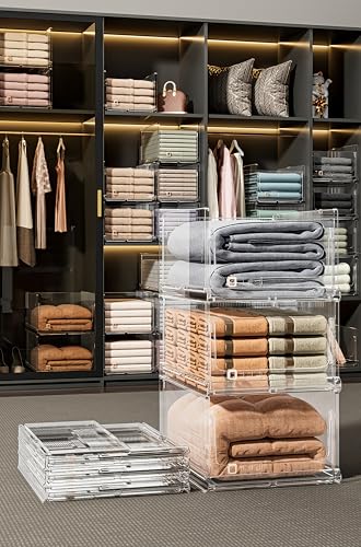 Clear Stackable Wardrobe Organizer Bins, Foldable Plastic Storage Baskets - Transparent Drawer Shelf Containers for Closet, Kitchen, Bathroom, Office, Dorm - Easy Assembly & Durable Design