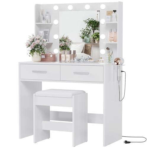 YESHOMY Vanity Desk with Mirror, Makeup Table with 2 Large Drawers, Power Outlet and Round Holder, 3 Color Modes Adjustable Bulb, Bench Included, White