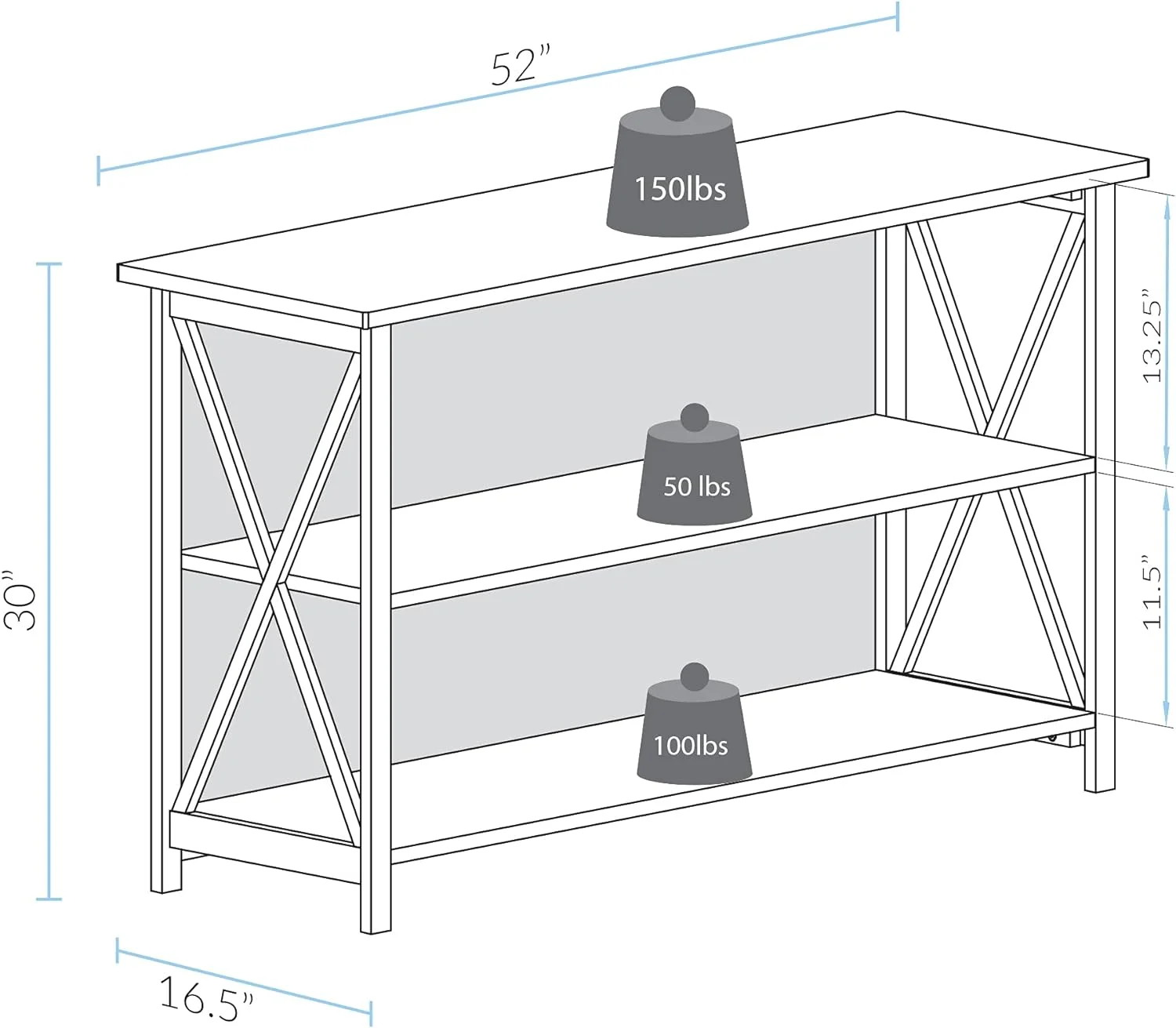 Ashford Console Table Spacious Shelves, Made With 100% Solid Wood TV Stand, 52
