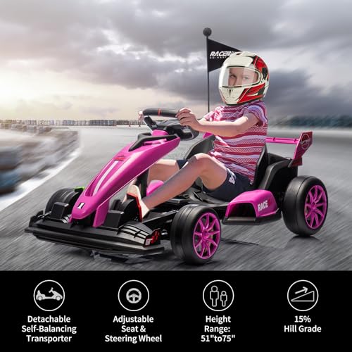 Hetoy 24V Electric Drift Kart for Kids Ages 6-12, Adjustable Seat &Variable Speed(8.5MPH), EVA Silent Wheels & Parent-Approved Safety, Outdoor Ride-On Toy with Dual Pedals