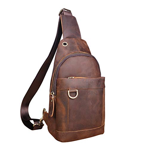 Le'aokuu Men Fashion Casual Tea Designer Travel Hiking Crossbody Chest Sling Bag Rig One Shoulder Strap Bag Men Leather 8015