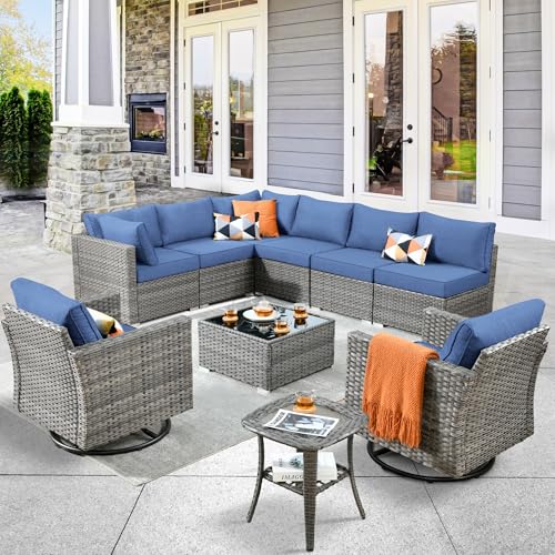 ovios 11 Piece Outdoor Patio Furniture Set with Fire Pit Table,Conversation Sectional Wicker Couch with Swivel Chairs,Modern Outside Sofa for Balcony Backyard, Dark Grey