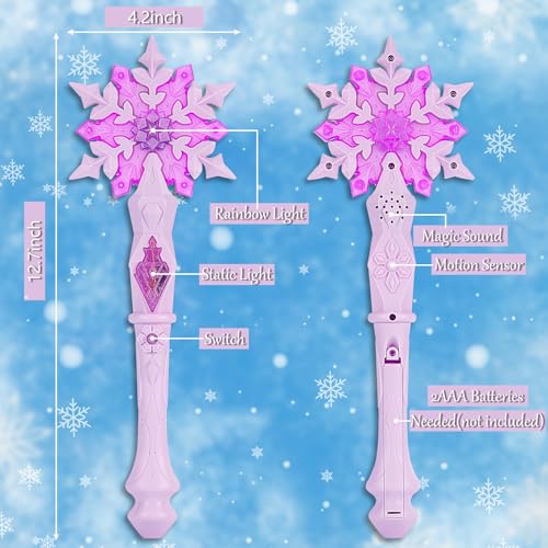EnrichFun Light Up Frozen Snowflake Wand with Sound, Motion Sensitive Magic Princess Toys for Kids Girls Party Favors 4 Pieces, (Mixed)