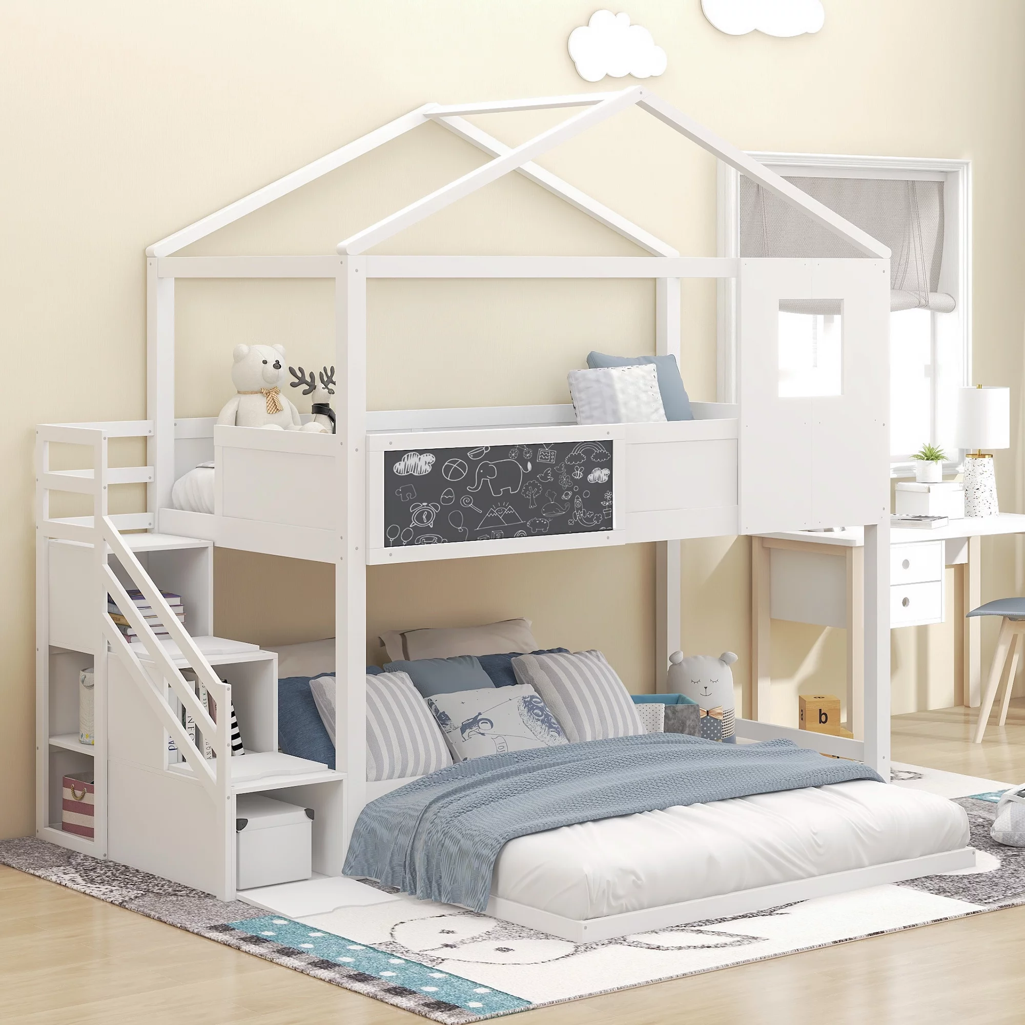 SYNGAR House Bunk Beds for Kids, Solid Wood Twin over Full Bunk Bed with Storage Staircase and Blackboard, Space Saving Low Bunk Bed Frame for Bedroom, No Box Spring Needed, White, D8718