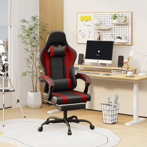 Gaming Chair with Footrest and Massage Lumbar Support, Height Adjustable Game Chair, Video Gaming Chair for Gaming Room, Living Room and Office - Black/Red