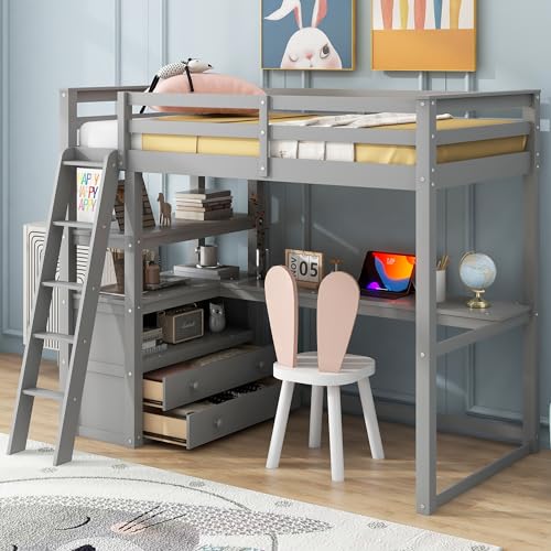 Harper & Bright Designs Twin Size Loft Bed with Wardrobe, Desk and Multiple Storage Shelves, Solid Wood Loft Bed Frame with Bookshelf, for Kids Teens Adults (White)