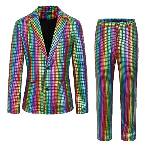 Gionforsy 70s Disco Costume Suit set 2 Pieces Metallic Disco Jacket Set with Shiny Jacket and pants
