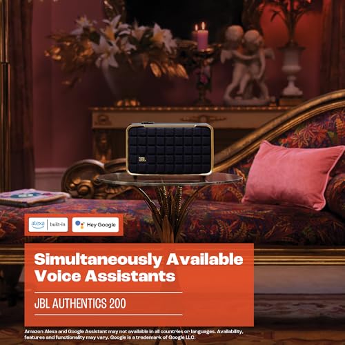 JBL Authentics 200 - Retro Style Smart Home Speaker with Built in Wi-Fi, Bluetooth and Voice Assistants, Alexa and Google Assistant, Multi-Room Playback, Automatic self tuning (Black/Gold)