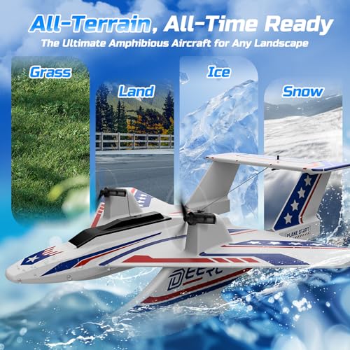 DEERC RC Plane for Water Land & Air, Amphibious Tri-Phibian Aircraft, 3CH Remote Control Plane W/ 2 Batteries, 2.4GHz RTF Airplane Glider for Boy Girl
