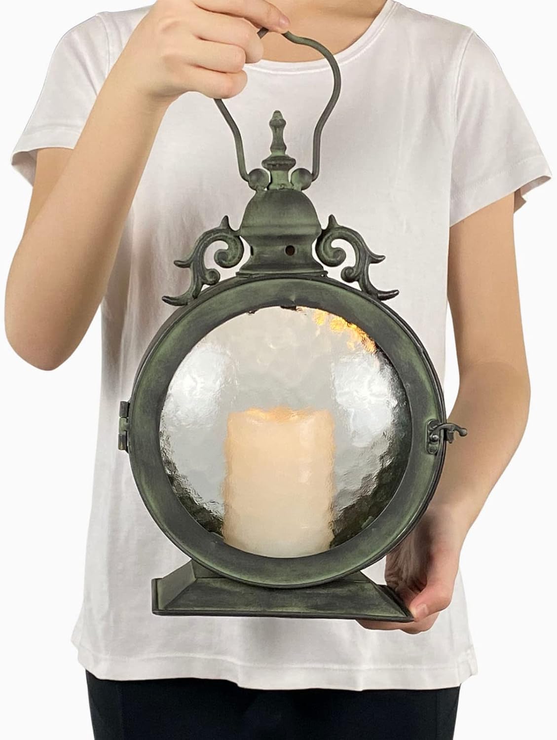 Westcharm Metal Round Hanging Candle Lantern with Curved Glass Insert, Nautical Coastal Style