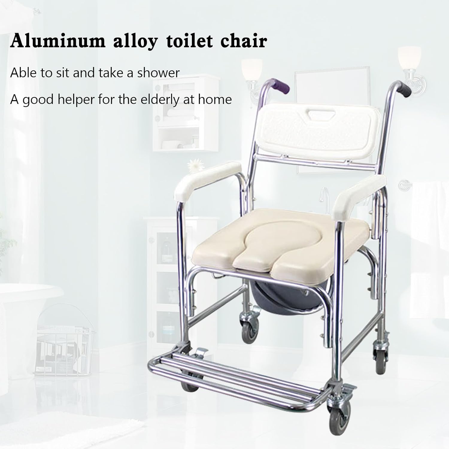 Frezon Multifunction Wheeled Mobile Toilet Commode Shower Chair Wheelchair with Wheels for Elderly,It can confidently holds up to 136KG/ 300 pounds