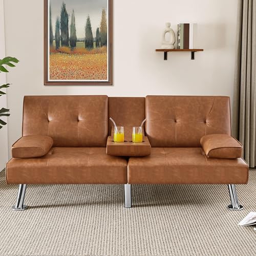 Yaheetech Convertible Sofa Bed Adjustable Fabric Couch Sleeper Modern Recliner Reversible Loveseat Folding Daybed Guest Bed, Removable Armrests, Cup Holders, 3 Angles, 772lb Capacity, Dark Gray