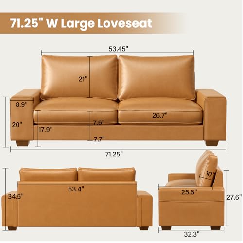 Modern Faux Leather Loveseat Sofa, Compact Small Couch with Spring Cushions & Solid Wood Frame, Easy-Clean Removable Cover, Living Room Office Apartment Furniture (71.25