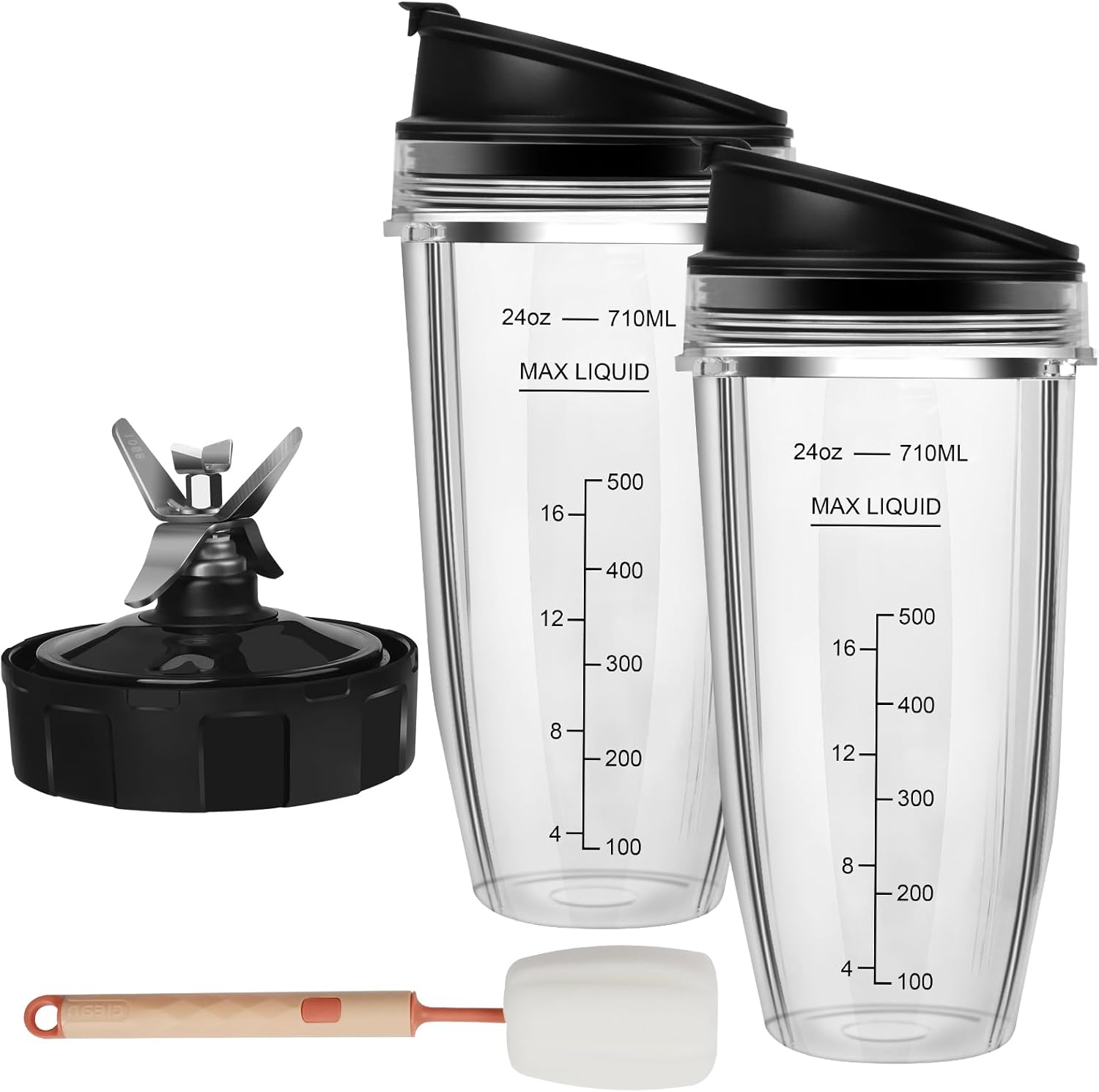 Blender Replacement Parts for Ninja, 2 24oz Ninja Blender Cups Replacement with To-Go Lids, 7-Fins Extractor Blade, for Nutri Ninja Auto iQ BN401 BN751 BN801 BN800 BL450 BL480 BL640 BL642 NN100