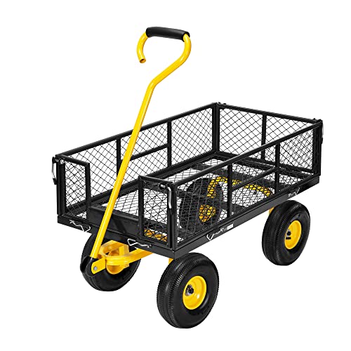 VIVOHOME Heavy Duty 880 Lbs Capacity Mesh Steel Garden Cart Folding Utility Wagon with Removable Sides and 4.10/3.50-4
