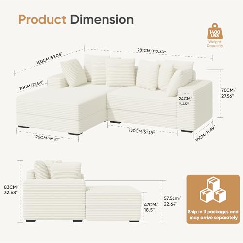 111‘’ Sectional Cloud Couches with L Shaped Chaise, Extra Large Sleeper Couch Reversible Corduroy with 8pcs Pillows for Living Room, Bedroom-Beige