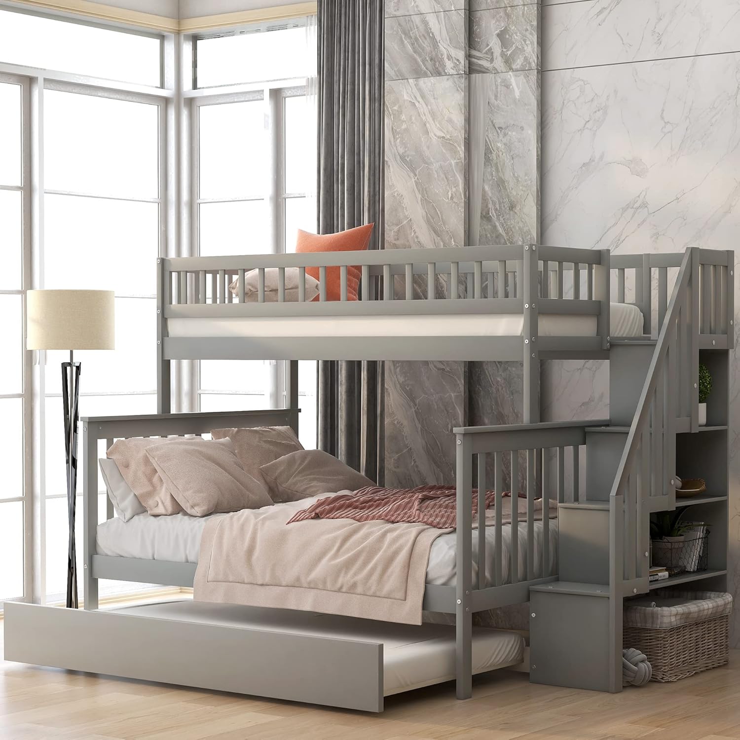 Bunk Beds with Trundle, Wood Space Saving Design Stairway Twin Over Full Bunk Bed Frame with Storage, Convertible to 2 Separated Beds, No Box Spring Needed, Gray