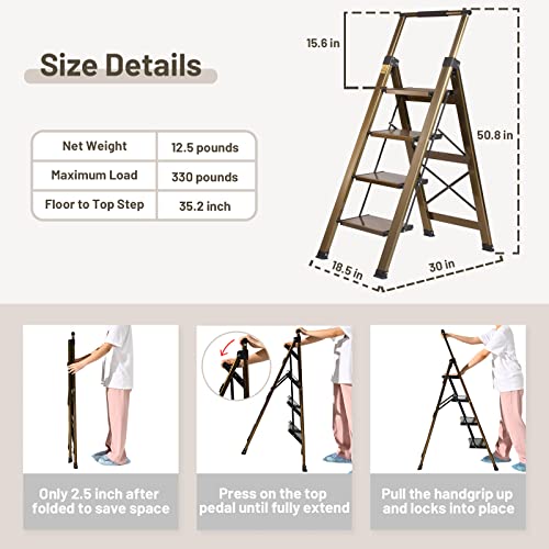 XinSunho 5 Step Ladder, Retractable Handgrip Folding Step Stool with Anti-Slip Wide Pedal, Aluminum Stool Ladders 5 Steps, 330lbs Safety Household Ladder