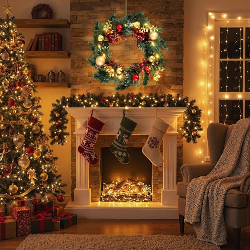 DomeStar 24 Inch Christmas Wreath with Lights, Large Outdoor Waterproof Christmas Wreath with Pine Cones Berry Clusters Frosted Branches for Party Home Porch Walls Decor