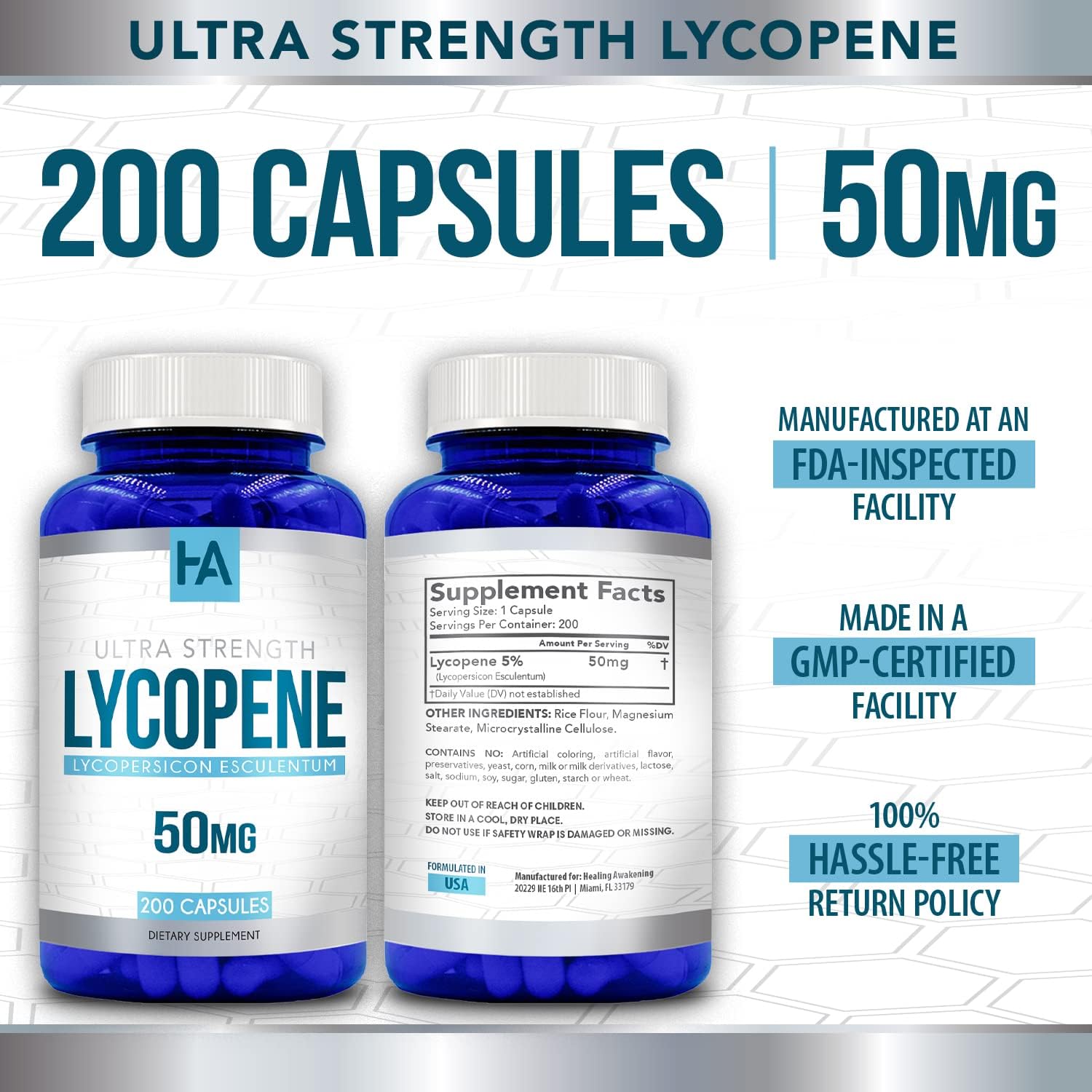 Healing Awakening Lycopene 50mg 200 Vegetarian Capsules (Non-GMO & Gluten Free)