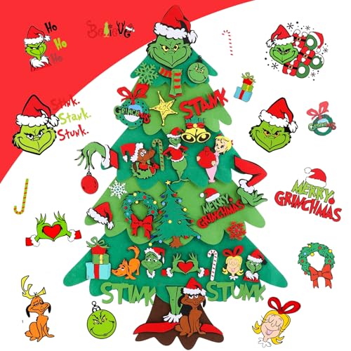 Prekus 3.6FT DIY Felt Christmas Tree for Kids – 30PCS Ornaments Wall Hanging Xmas Decoration with Hook, Children Activity Craft for Holiday Gifts, Reusable Christmas Felt Tree Set