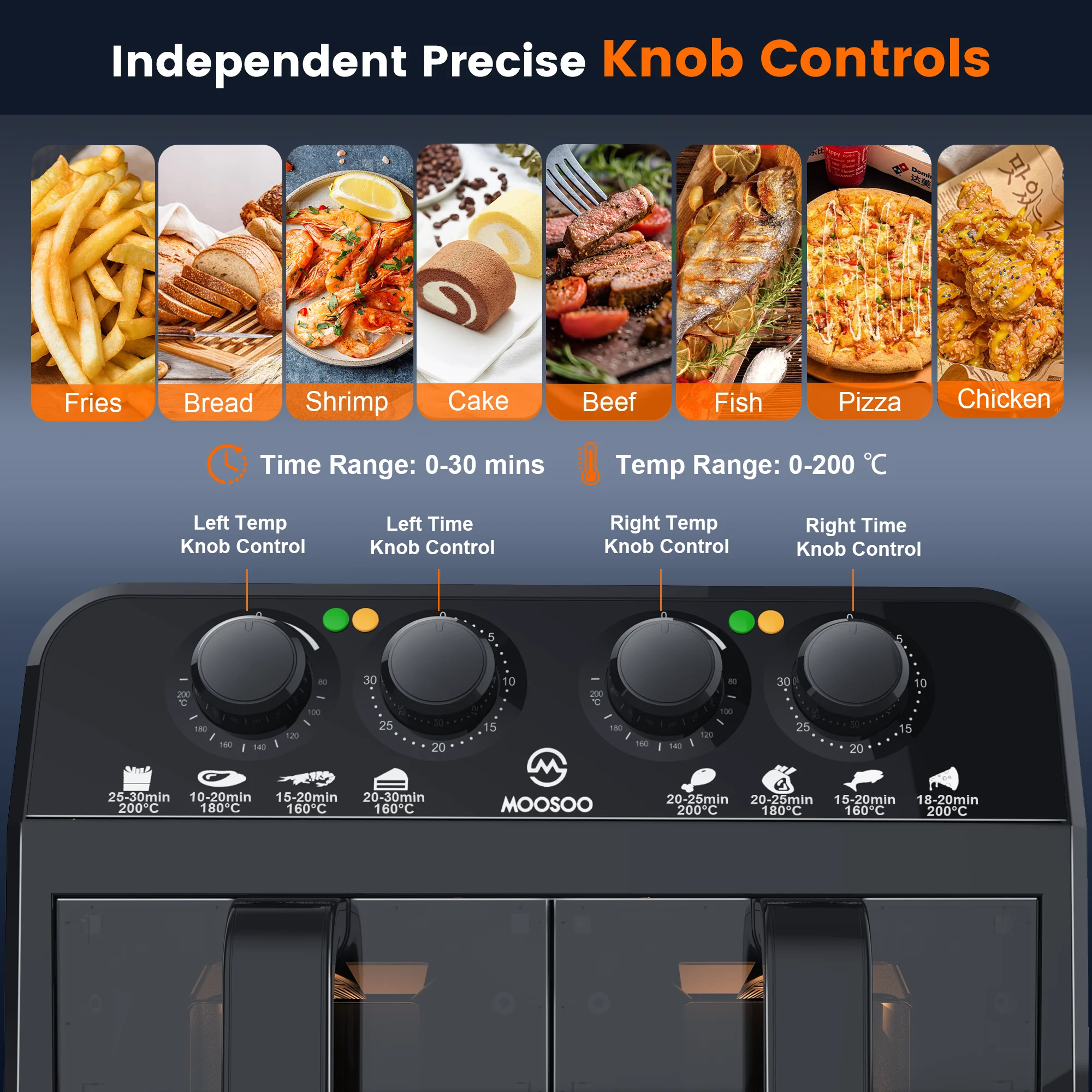 MOOSOO Dual Basket Air Fryer Oven, 2 Independent Baskets, 6.4 Quart, Knob Control, Dehydrator & Bake
