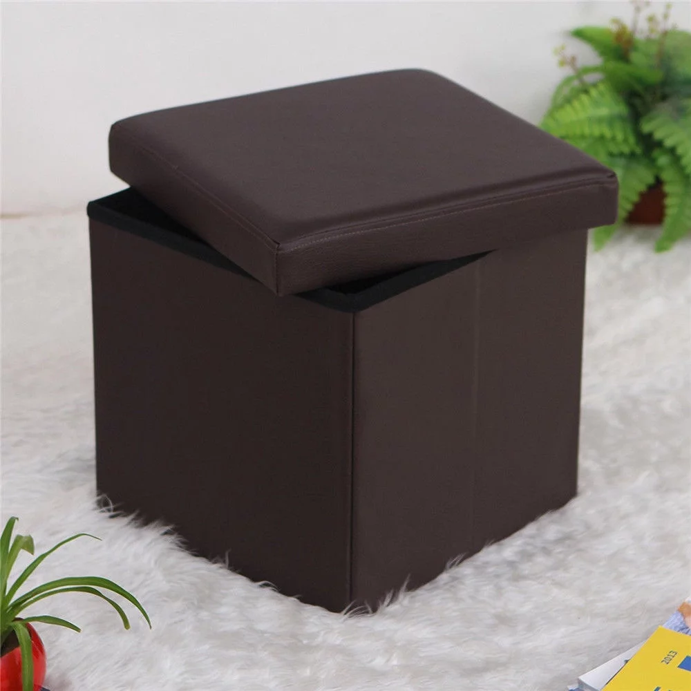 UBesGoo Folding Cube Faux Leather Ottoman Storage Box Footrest Brown