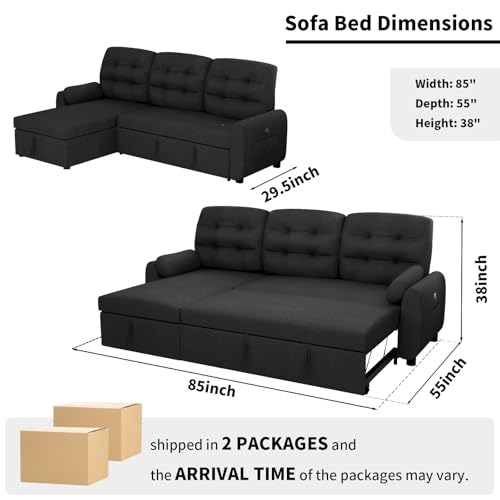 Sleeper Sofa, Sofa Bed with Pullout Bed, 2 in 1 Sleeper Sofa Couch with Reversible Storage Chaise, Charging Station, Sectional Couch for Living Room, Apartment (Grey)