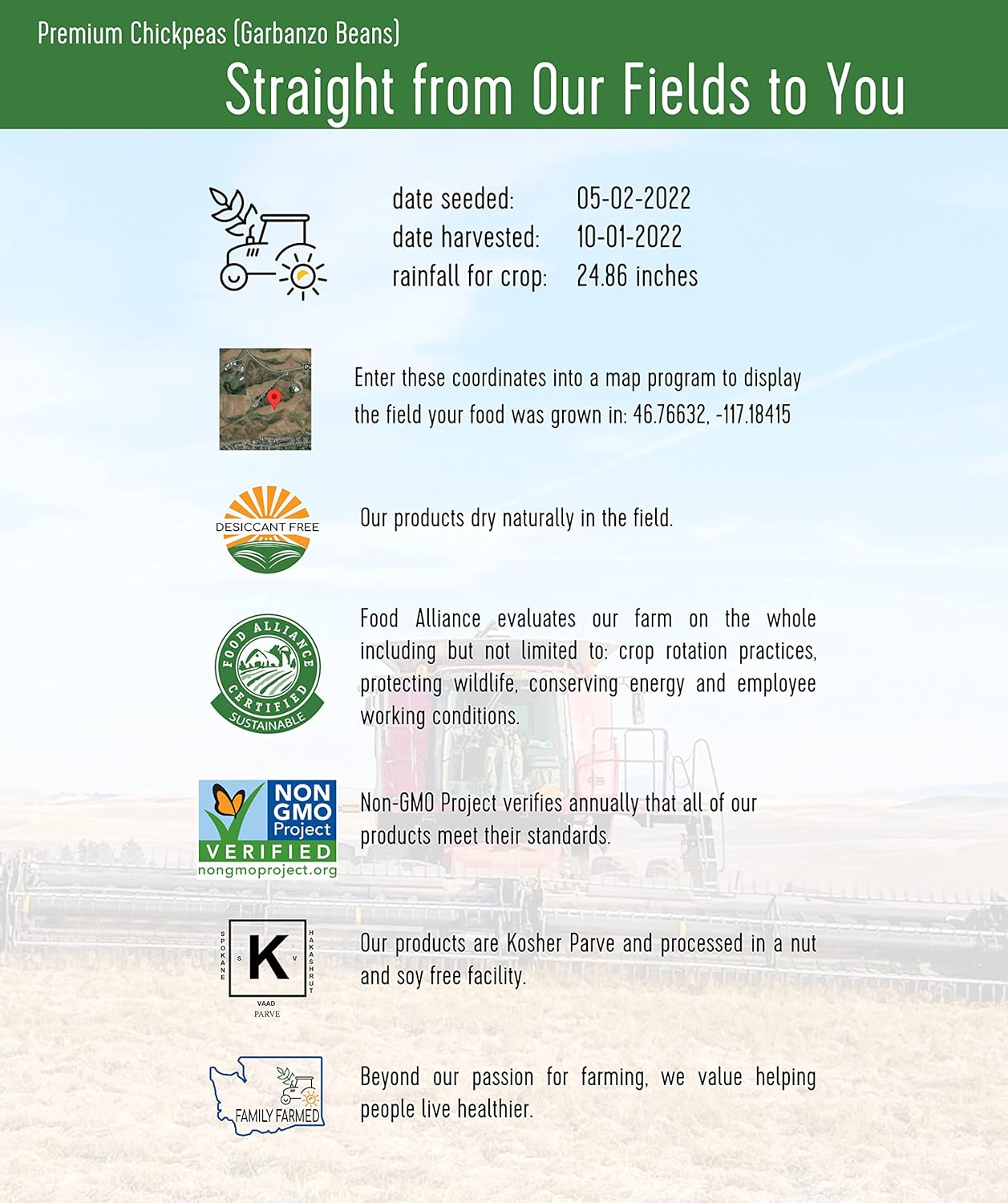 Chickpeas | Garbanzo Beans | 4 LBS | Family Farmed in Washington State | 100% Desiccant Free | Non-GMO Project Verified | Kosher Parve | Field Traced | Kraft Bag