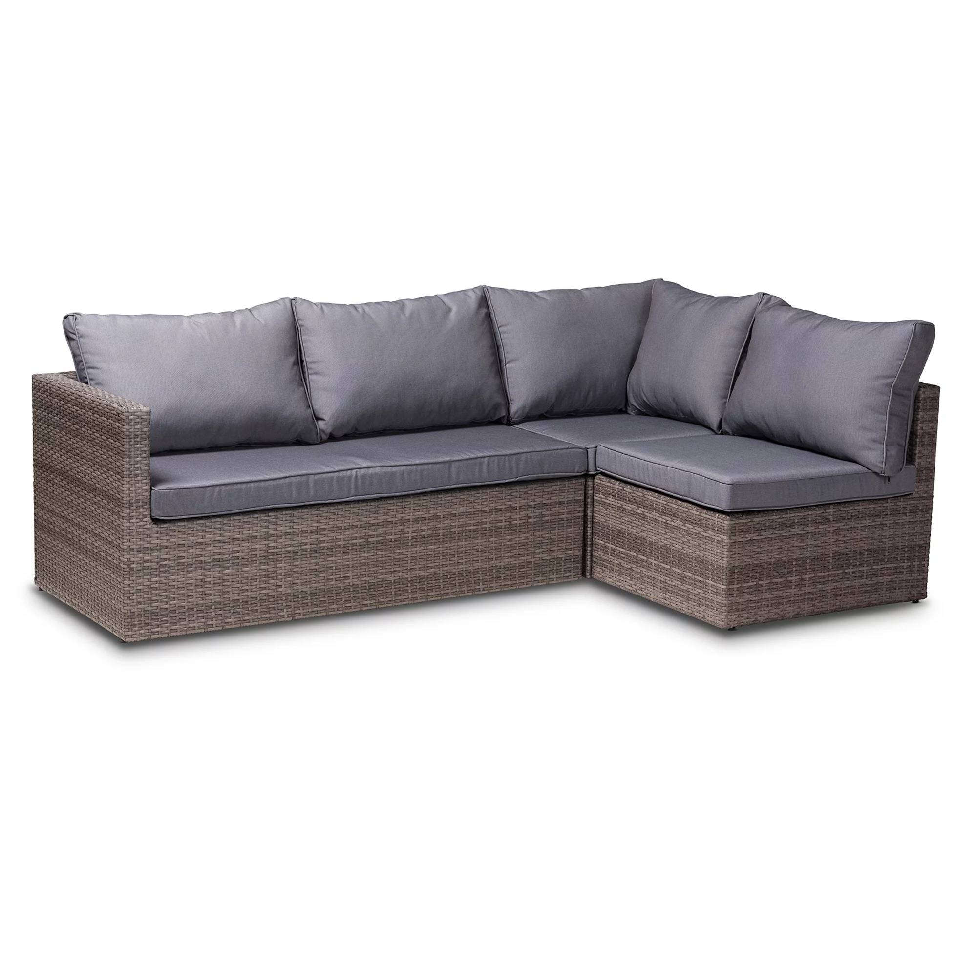 Baxton Studio Pamela Modern And Contemporary Grey Polyester Upholstered And Brown Finished 4-Piece Woven Rattan Outdoor Patio Set