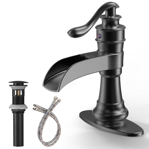 Vessel Sink Faucet, Oil Rubbed Bronze Black Bathroom Faucet, Farmhouse Waterfall Sink Faucet Single Hole with Pop Up Drain Assembly Without Overflow One Hole Mixer Tap Deck Mount