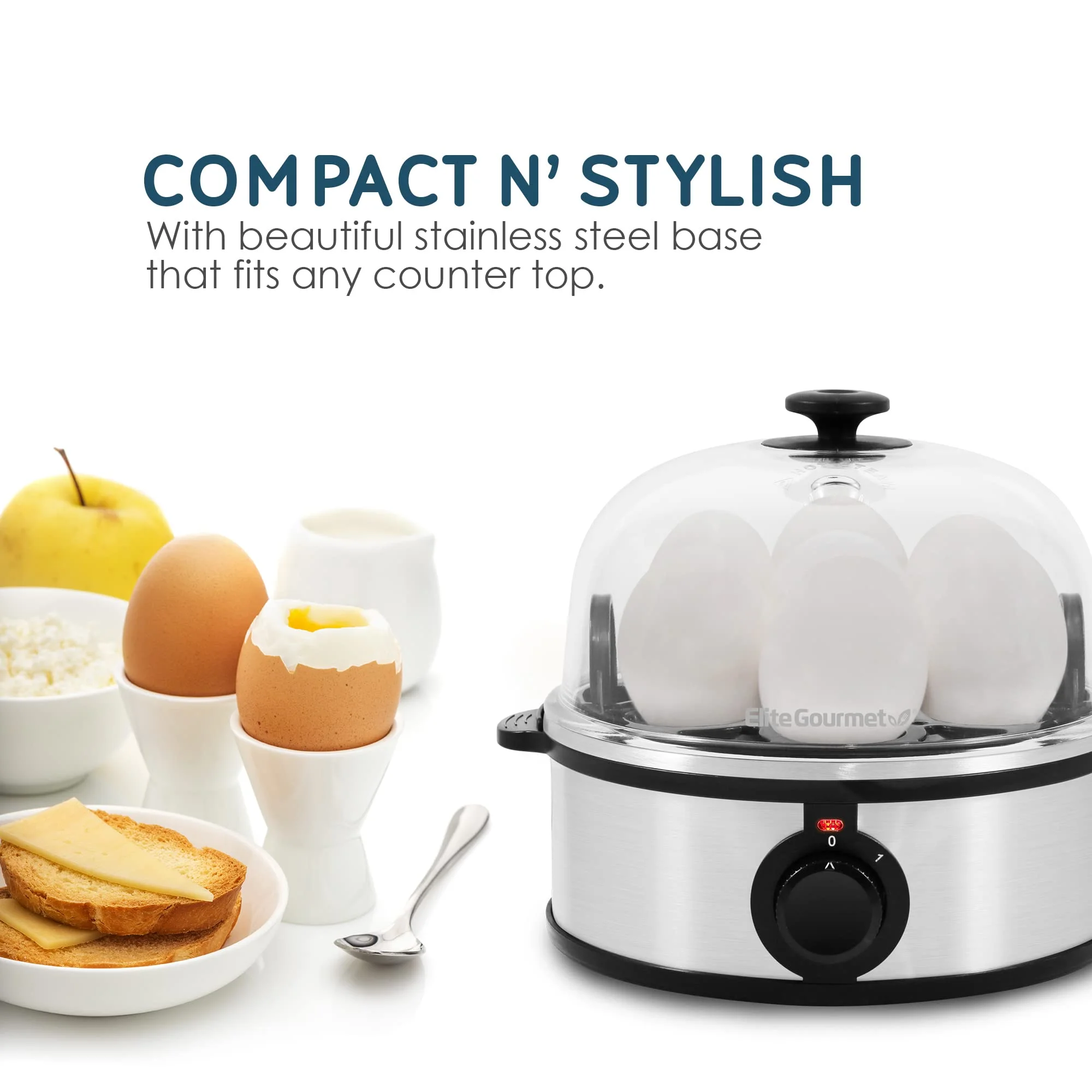 Elite Gourmet EGC648 Easy Electric Poacher, Omelet Eggs & Soft, Medium, Hard-Boiled Egg Boiler Cooker with Auto Shut-Off and Buzzer, Measuring Cup Included, BPA Free, Stainless Steel 7 Egg