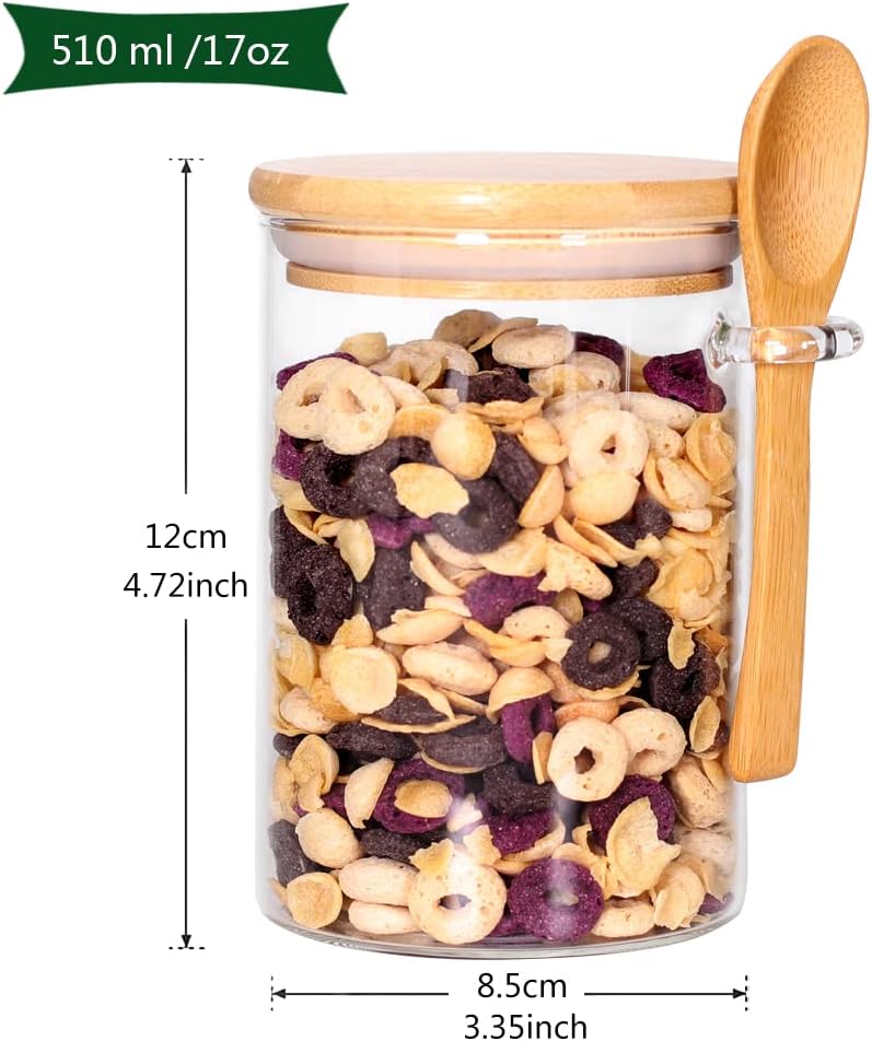 Glass Containers with Bamboo Lids and Wooden Spoons, 17 OZ Overnight Oat Jars with Lids and Spoons, Overnight Oats Containers with Scoop for Seasoning, Coffee, Yogurt (6 Pack)