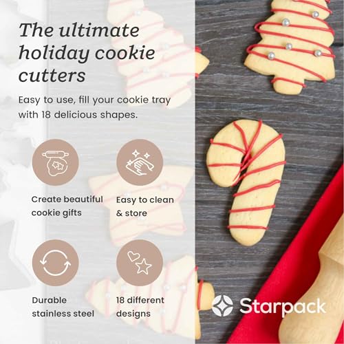 Starpack 'Bake me Happy' Christmas Cookie Cutters Set (18 pcs) - Holiday Cookie Cutters Variety Pack -Cookie Cutter Shapes Gingerbread Man, Star, Snowflake, Tree & Others - Metal Cookie Cutters