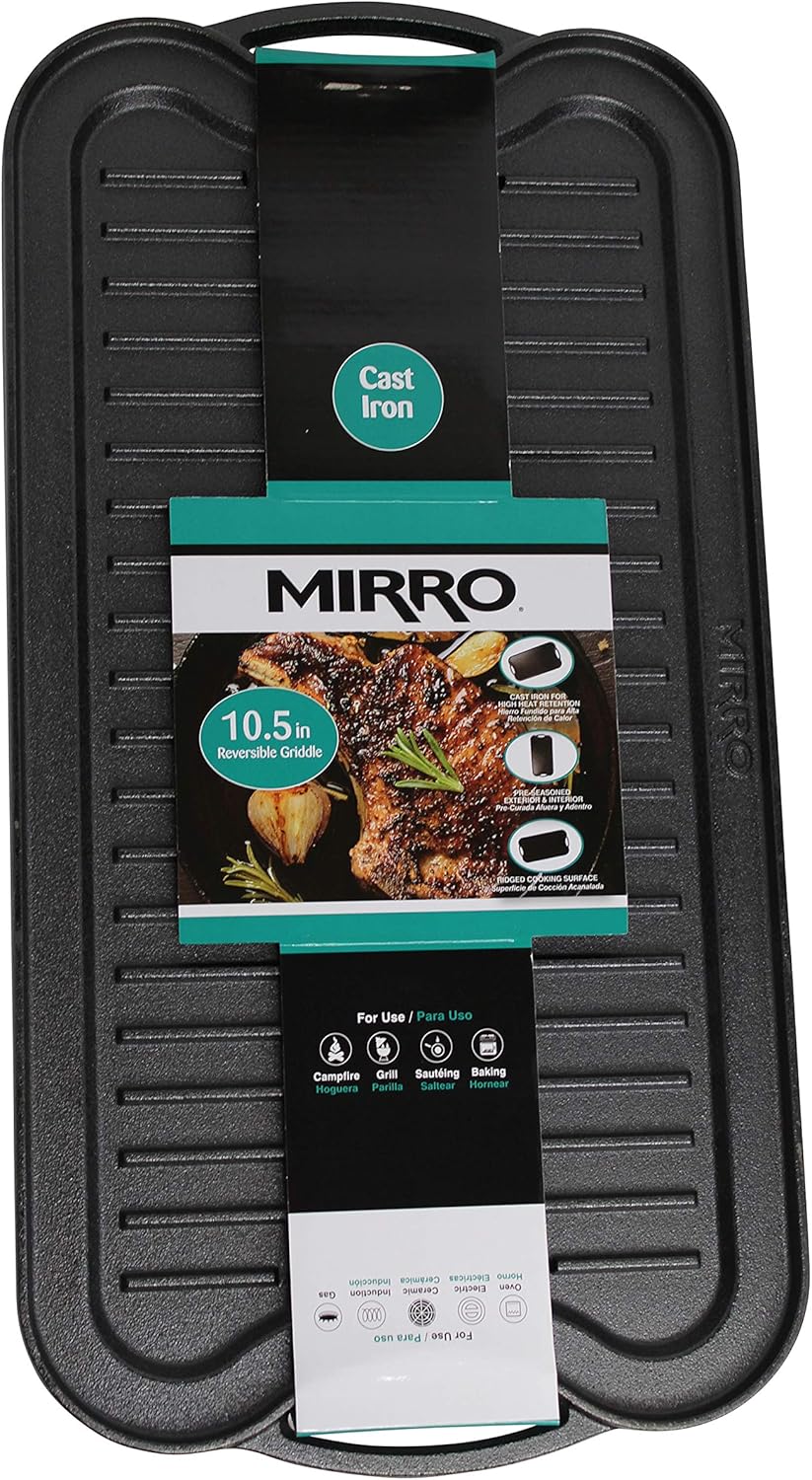 Mirro MIR-19055 Pre-Seasoned Ready to Use Cast Iron Reversible Grill/Griddle with Handles 20 Inch x 10.5 Inch, Black