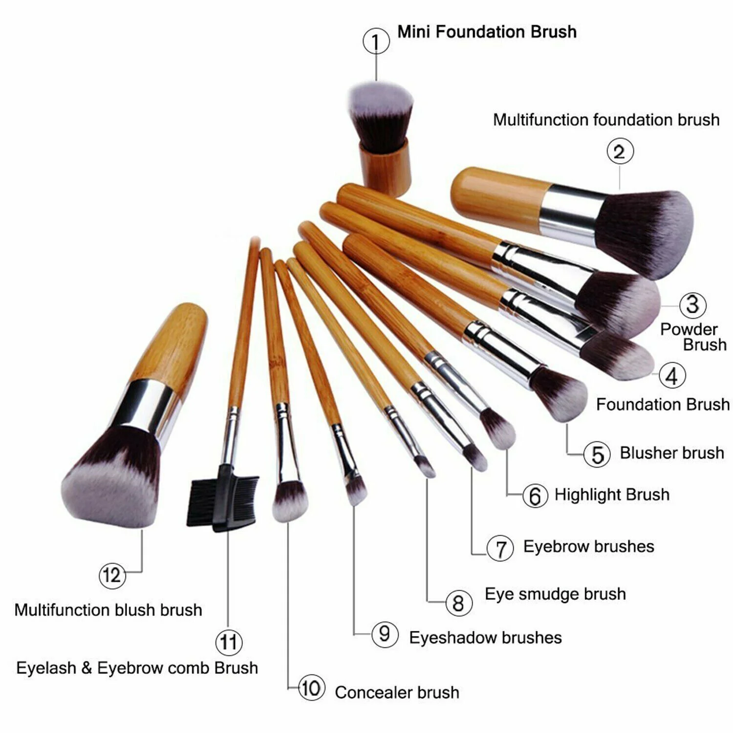 Makeup Brush Set (12-Piece) Kabuki Bamboo Handle & FREE Brush Egg