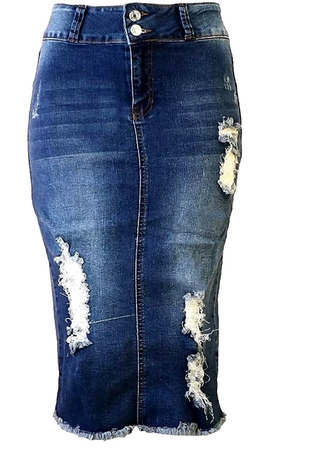 Jack David Womens Plus Size Below Kne Length Midi Pencil Ripped Denim jean Skirt (JD-SKIRT-Q1000-R)