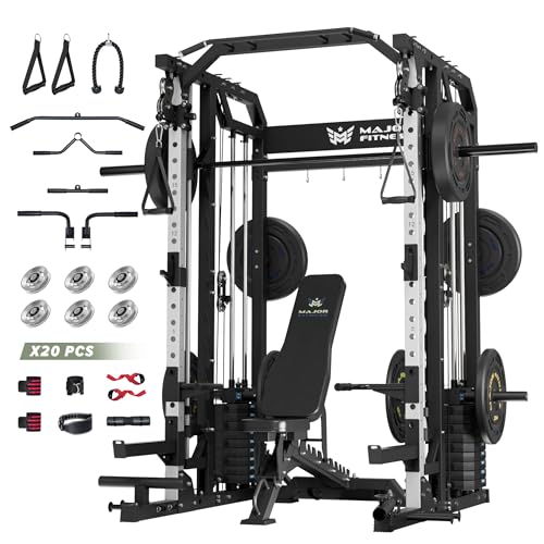 Major Fitness Smith△ Machine Drone2 Premium, All-in-One Home Gym Squat Rack with Aluminum Pulley Set , Weight Bar, Dual LAT Pull-Down Systems & Cable Crossover Machine for Full-Body Workouts