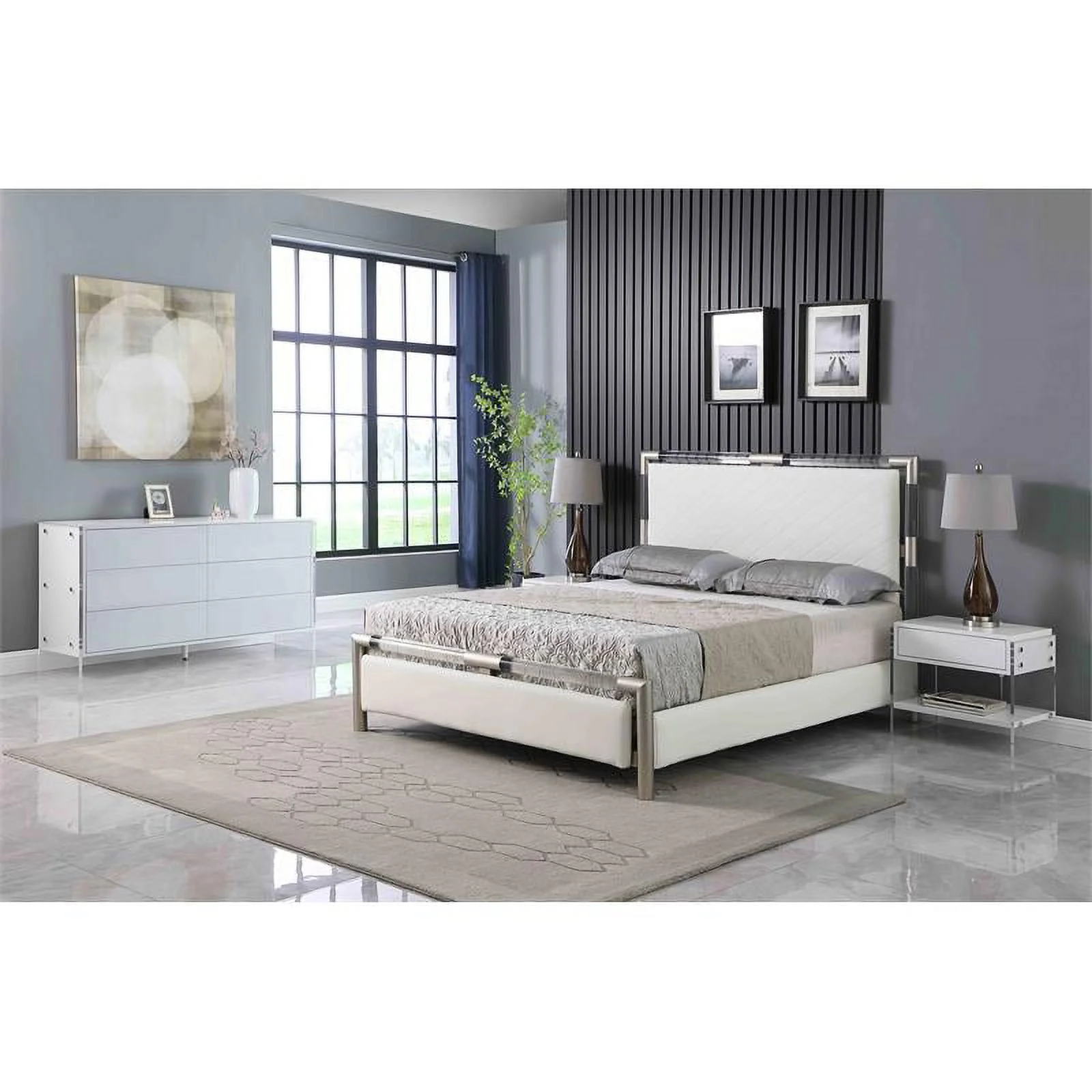 Milan Barry Collection Gloss White Wood & Acrylic Queen-size 3-Piece Bedroom Set
