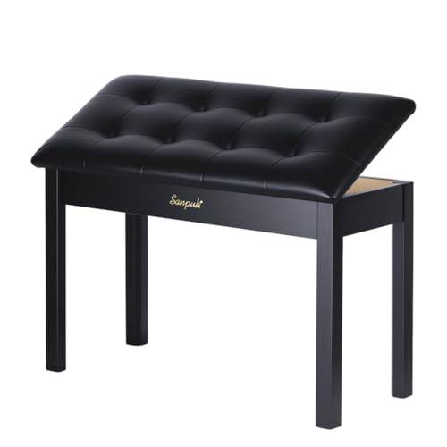 Solid Wood Duet Piano Bench with Storage, Piano Stool and Padded Cushion, Keyboard Bench with Bookcase, Piano Chair and Piano Seat with High-Density Sponges.