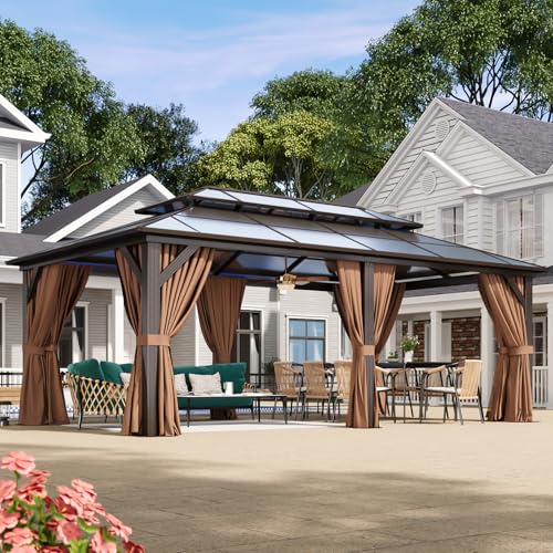 Aoxun 12'x16' Hardtop Gazebo, Aluminum Frame Permanent Pavilion with Netting and Curtains, Outdoor Polycarbonate Double Roof Canopy, Designed for Lawn, Garden, Patio (Brown)