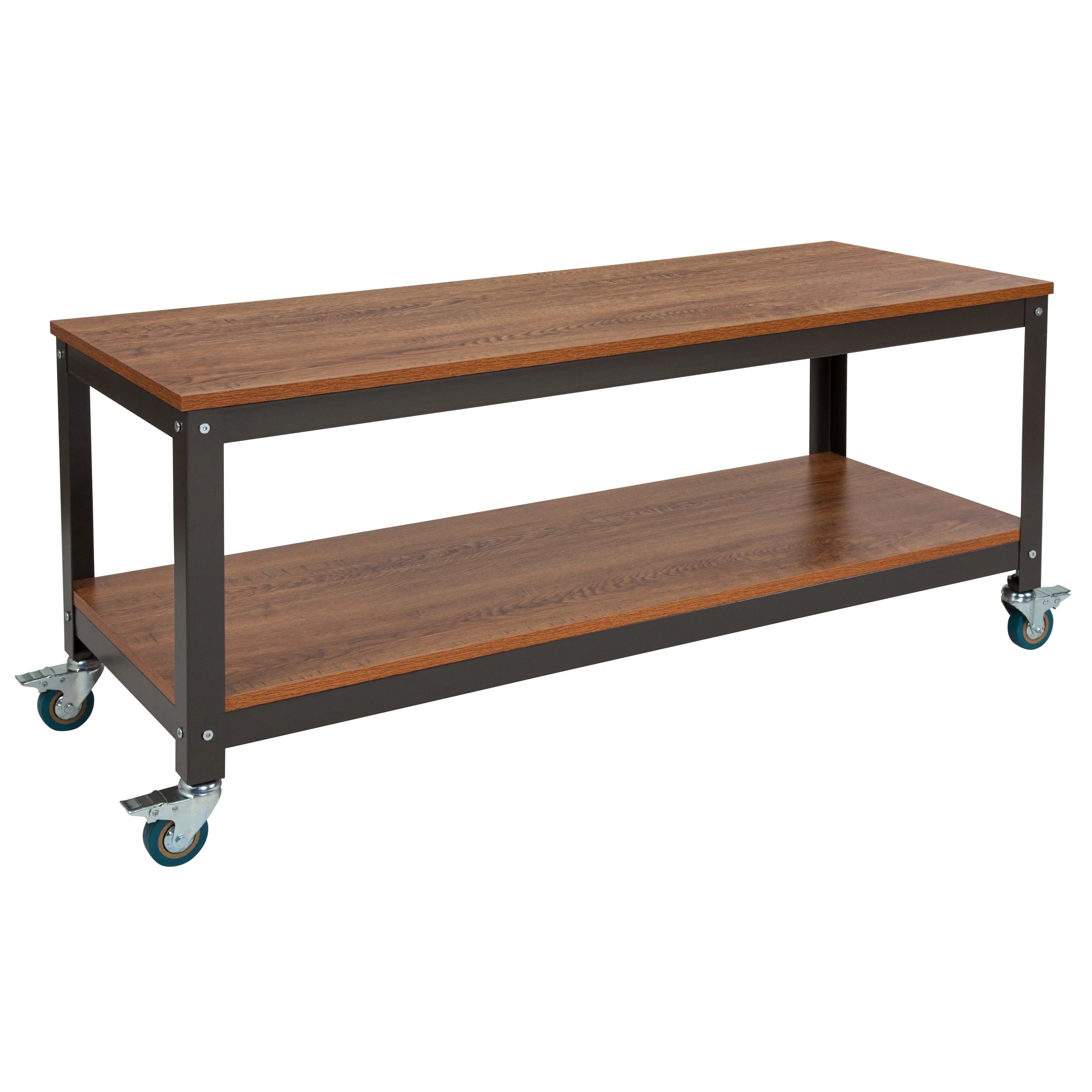BizChair TV Stand in Brown Oak Wood Grain Finish with Metal Wheels