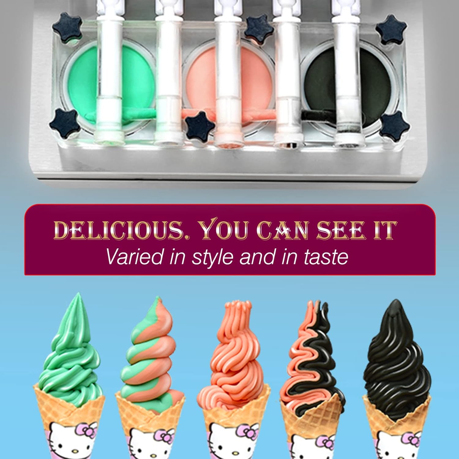 Commercial ETL 3+2 mixed Flavors Soft Serve Ice Cream Maker, High Production 5 Flavors Ice Cream Machine with Full Transparent Discharge Door & 5 Different Shapes of Mold & Upper Tank Refrigerated