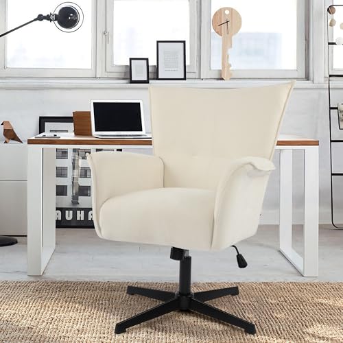 DAGONHIL Home Office Desk Chair No Wheels Armchair Linen Fabric Swivel Chair High-Back Wide Seat Upholstered Accent Chair with Metal Legs Computer Chair, Beige