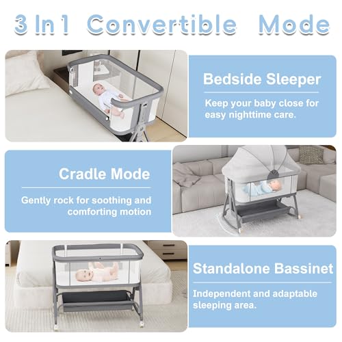 Bedside Bassinet for Baby, 3 in 1 Baby Bassinet Bedside Sleeper, Height Adjustable Bedside Crib, Rocking Bassinet with Wheels, Storage, Mattress, Mosquito Net, Newborn Portable Bassinet