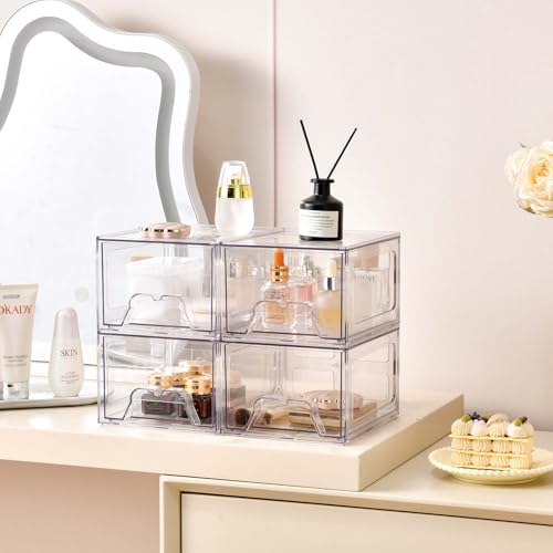 6 Pack Stackable Makeup Organizer, 4.4'' Tall Acrylic Bathroom Makeup Organizer and Storage Drawer with Pull-out Handle, Clear Plastic Storage Bins for Vanity,Pantry,Desk,Undersink,Kitchen