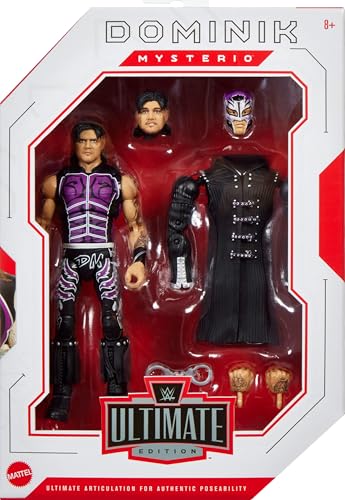 Mattel WWE Ultimate Edition Action Figure & Accessories, 6-inch Dominik Mysterio Collectible Set, Swappable Heads & Hands, 30 Articulation Points