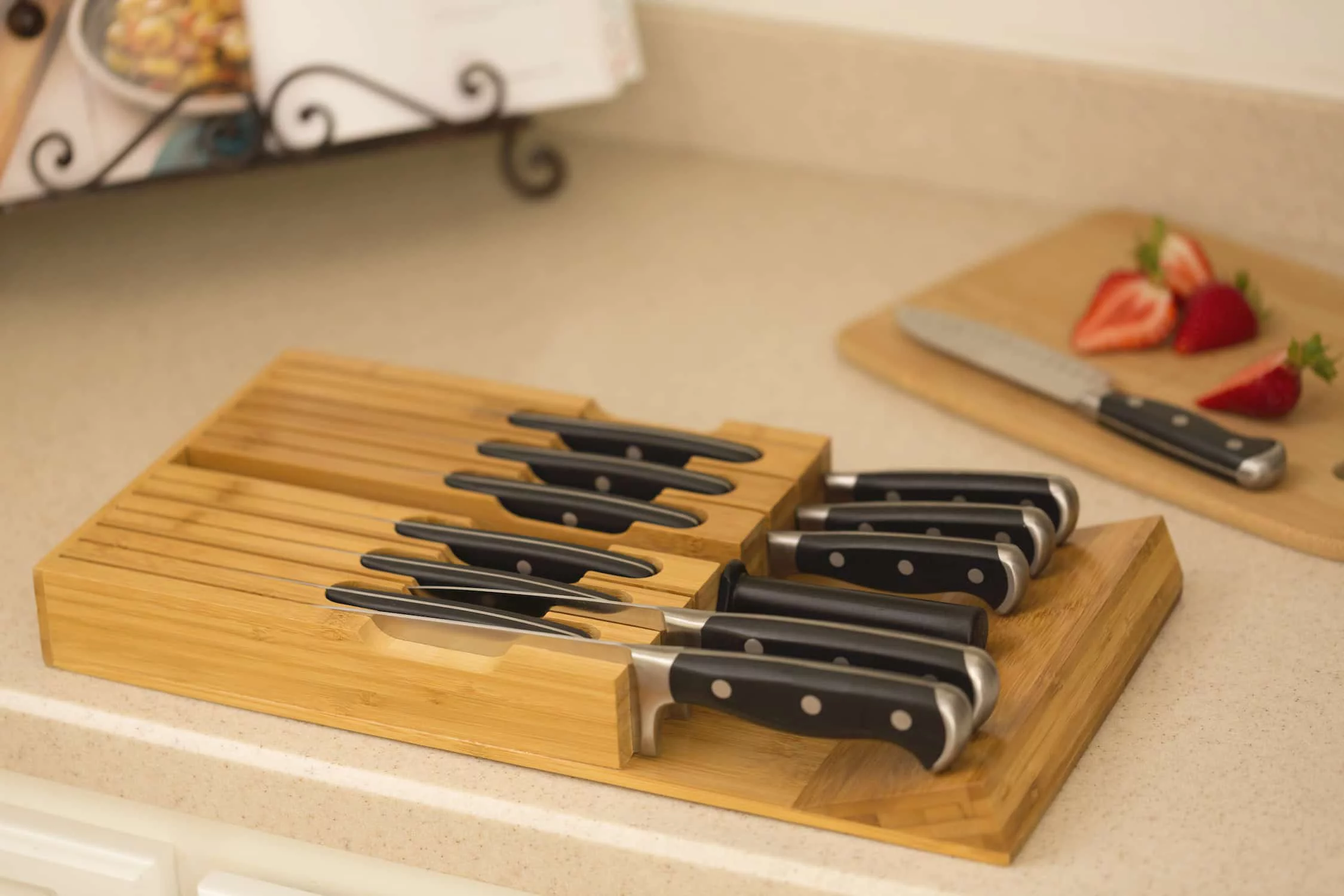 In-Drawer Bamboo Knife Block Holds 12 Knives (Not Included) Without Pointing Up PLUS a Slot for Your Knife Sharpener! Noble Home & Chef Knife Organizer Made from Quality Moso Bamboo